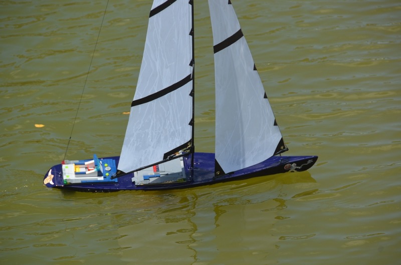 Racing sparrow model yacht sailing, the deck is made up from lego bricks